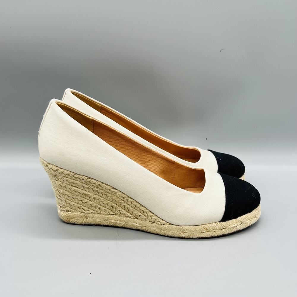 J Crew Shoes Women 8.5 White Black Espadrille Wedge Round Toe Heels Slip On Pump